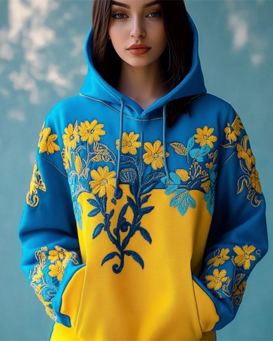 Ukraine Ethnic Floral Embroidered Contrast Color Hoodie