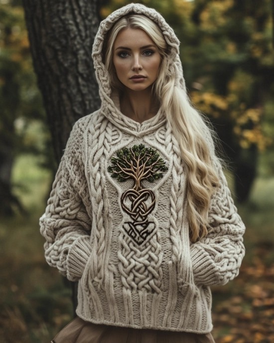 Tree Of Life Knit Art Women's Hooded Sweater Tree Of Life Knit Art Women's Hooded Sweater
