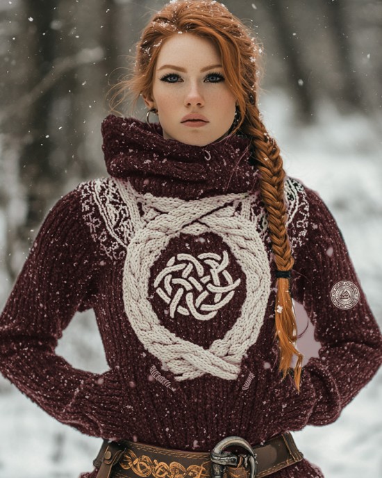 Women's Viking Tribal Jacquard Celtic Inspired Chunky Knit Hooded Sweater Women's Viking Tribal Jacquard Celtic Inspired Chunky Knit Hooded Sweater