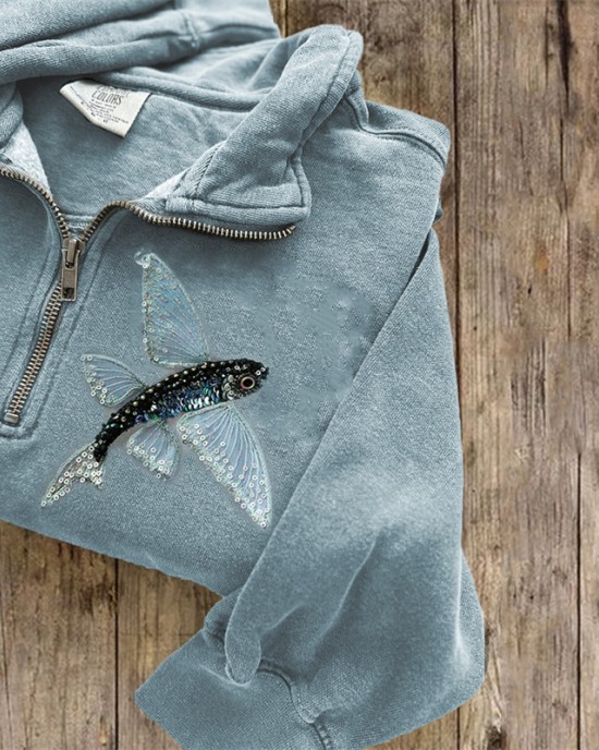 Classy Fish Sequins Embroidered Zip Up Sweatshirt Classy Fish Sequins Embroidered Zip Up Sweatshirt