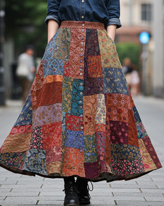 Bohemian Style Colorful Patchwork Ethnic Print Skirt Bohemian Style Colorful Patchwork Ethnic Print Skirt