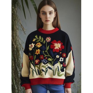 Colorful Floral Embroidery Women's Crew Neck Sweatshirt