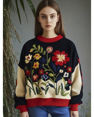 Colorful Floral Embroidery Women's Crew Neck Sweatshirt