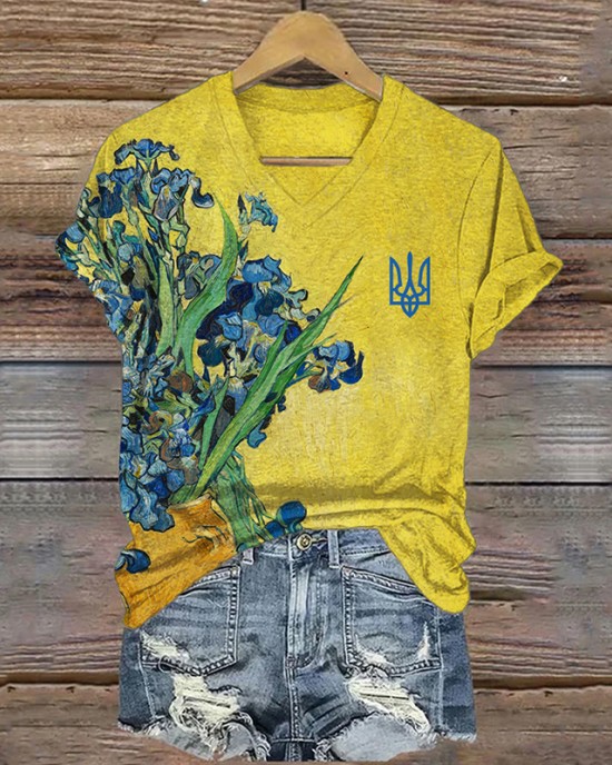 Ukraine Trident Irises Oil Painting V Neck T Shirt Ukraine Trident Irises Oil Painting V Neck T Shirt