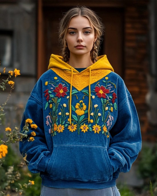 Vintage Ukrainian Folk Floral Embroidered Contrast Color Cozy Hoodie Vintage Ukrainian Folk Floral Embroidered Contrast Color Cozy Hoodie