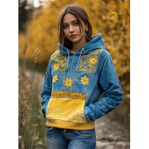 Ukraine Ethnic Floral Embroidered Contrast Color Washed Hoodie