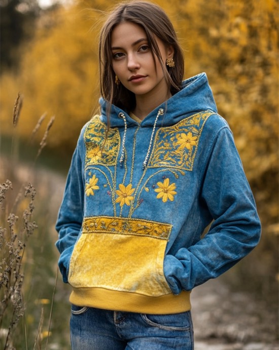 Ukraine Ethnic Floral Embroidered Contrast Color Washed Hoodie Ukraine Ethnic Floral Embroidered Contrast Color Washed Hoodie