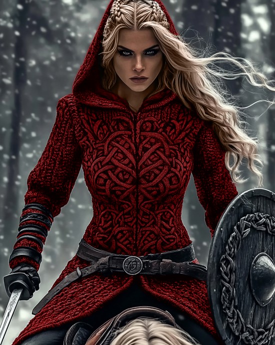 Women's Viking Tribal Jacquard Celtic Chunky Knit Zip-up Hooded Sweater