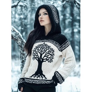 Women's Viking Tree Of Life Contrast Jacquard Cozy Knit Hooded Sweater
