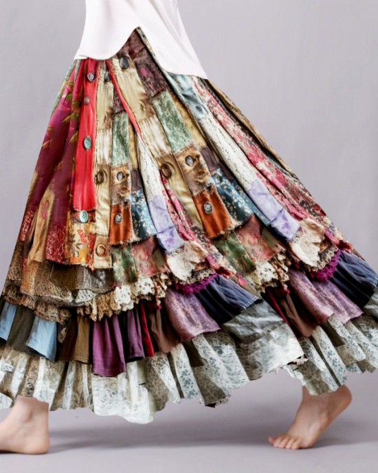 Boho Colorful Patchwork Textile Flowy Linen And Lace Blend Wide Skirt Boho Colorful Patchwork Textile Flowy Linen And Lace Blend Wide Skirt