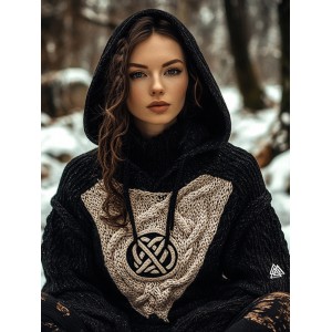 Women's Viking Tribal Jacquard Celtic Inspired Knit Hooded Sweater