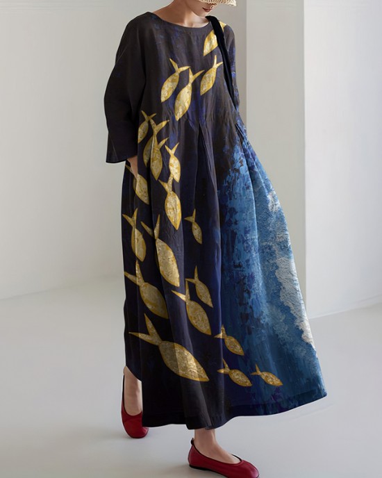 Women's Ocean Fish Schools Linen Blend Maxi Dress Women's Ocean Fish Schools Linen Blend Maxi Dress