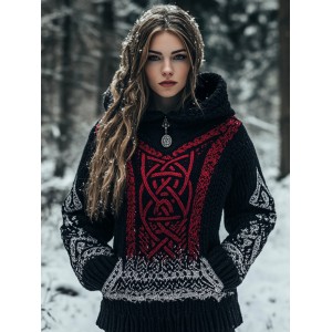 Women's Viking Totem Celtic Knot Retro Pocket Hooded Sweater