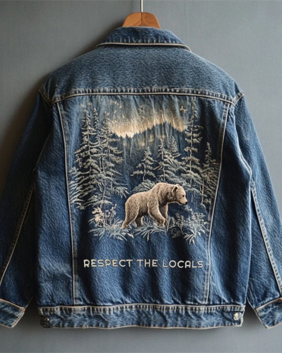 Respect The Locals Bear Landscape Embroidered Denim Jacket