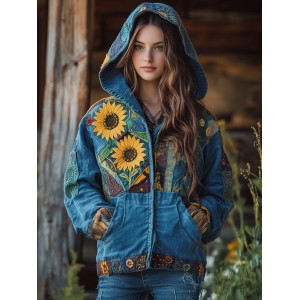 Ukrainian Ethnic Style Sunflower Embroidery Patchwork Zip-up Hoodie