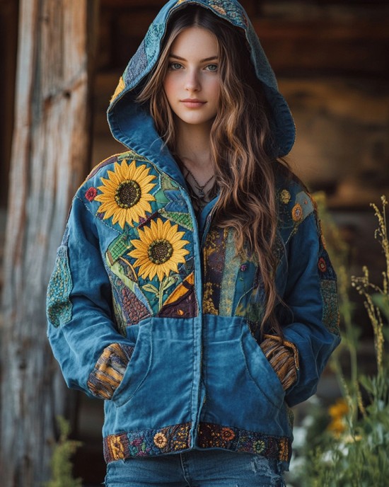 Ukrainian Ethnic Style Sunflower Embroidery Patchwork Zip-up Hoodie