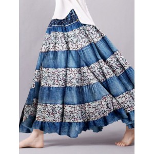 Vintage Bohemian Floral Patchwork Linen Skirt