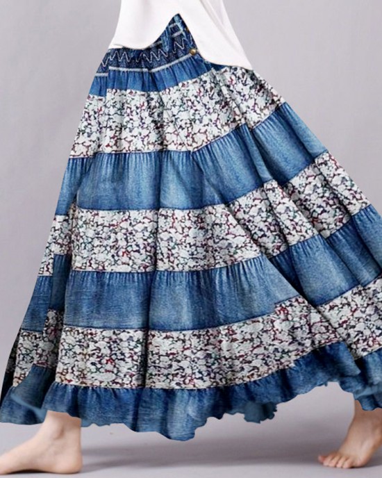 Vintage Bohemian Floral Patchwork Linen Skirt