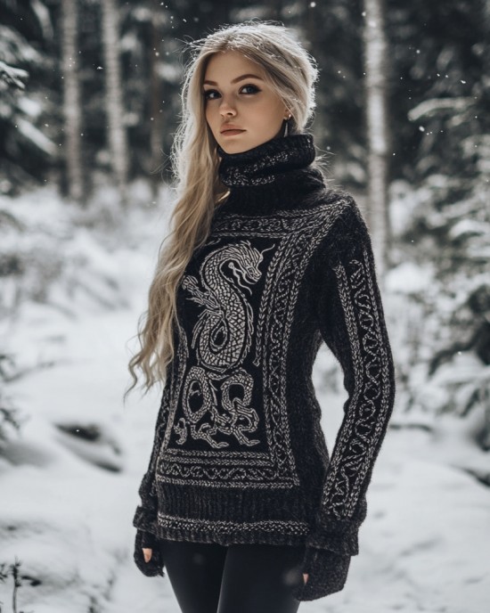 Viking Dragon Pattern Turtleneck Knit Sweater Viking Dragon Pattern Turtleneck Knit Sweater