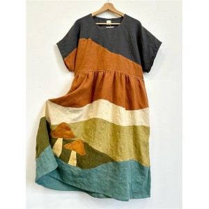 Mushroom Landscape Colorblock Patchwork Linen Dress