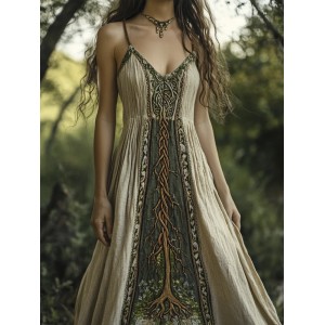Celtic Myth Tree Of Life Print Women's Linen Halter Dress