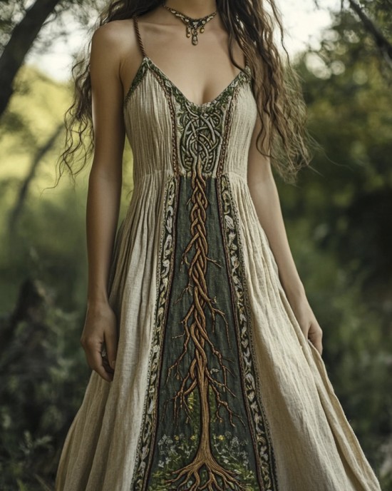 Celtic Myth Tree Of Life Print Women's Linen Halter Dress Celtic Myth Tree Of Life Print Women's Linen Halter Dress