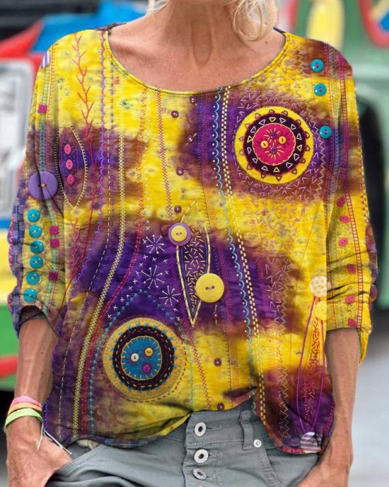 Button Embroidered Floral Women's Vintage Linen Shirt