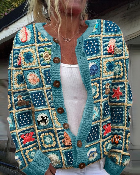 Sea Life Marine Crochet Cozy Knit Cardigan Sea Life Marine Crochet Cozy Knit Cardigan