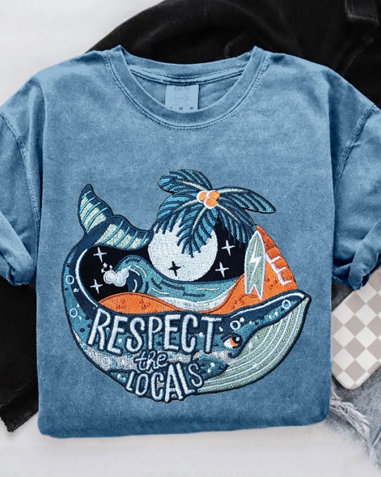Respect The Locals Ocean Whale Embroidered Cozy T Shirt