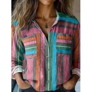Bohemian Geometric Color Block Patchwork Colorful Linen Print  Long Sleeve Shirt