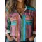 Bohemian Geometric Color Block Patchwork Colorful Linen Print  Long Sleeve Shirt