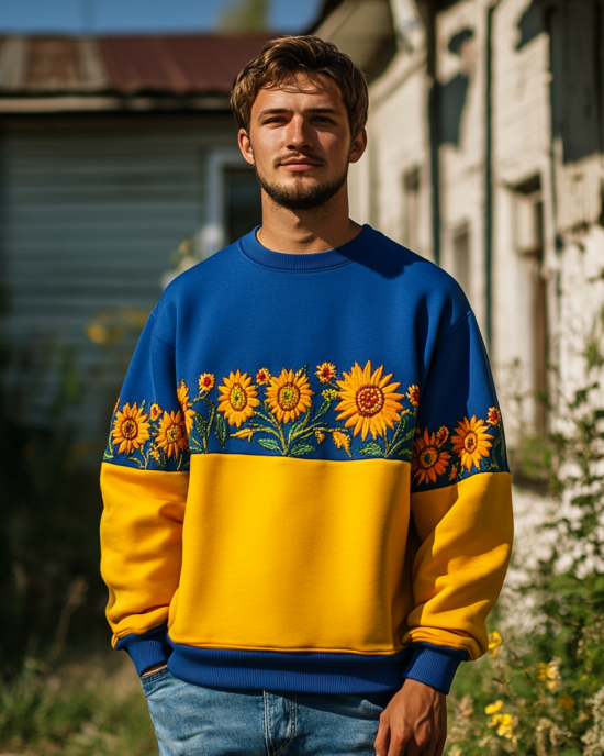 Men's Ukrainian Sunflower Embroidery Crew Neck Sweatshirt