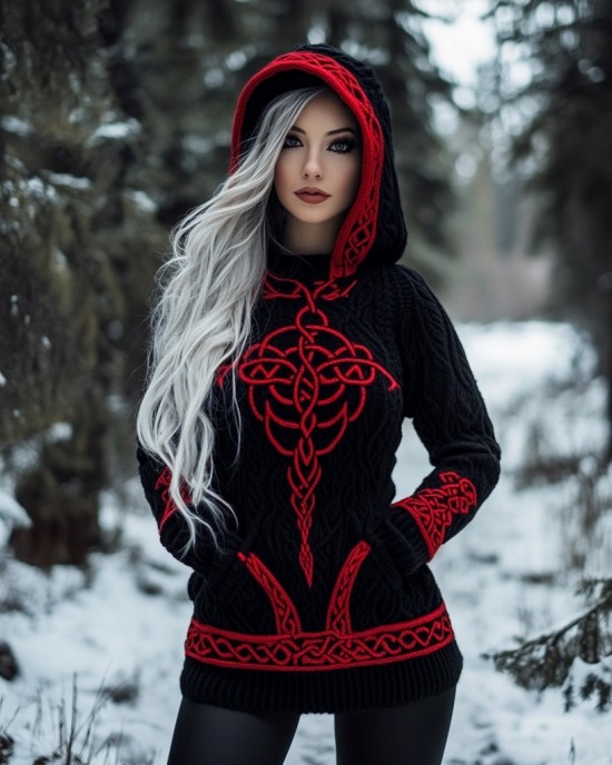 Women's Viking Celtic Jacquard Cozy Knit Hooded Sweater Women's Viking Celtic Jacquard Cozy Knit Hooded Sweater
