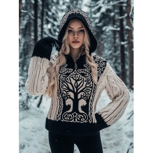 Women's Viking Tree Of Life Jacquard Cozy Chunky Knit Hooded Sweater