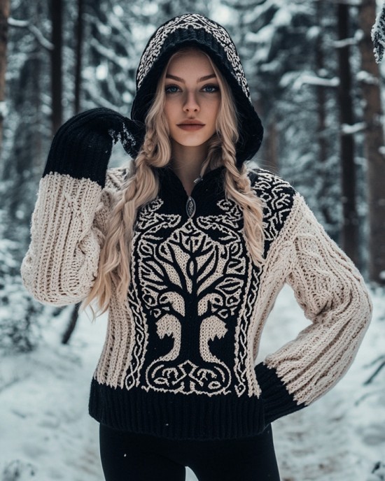 Women's Viking Tree Of Life Jacquard Cozy Chunky Knit Hooded Sweater Women's Viking Tree Of Life Jacquard Cozy Chunky Knit Hooded Sweater