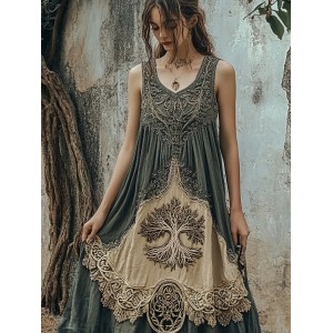 Vintage Tribal Viking Tree Of Life Celtic Knot Linen Blend Tank Midi Dress