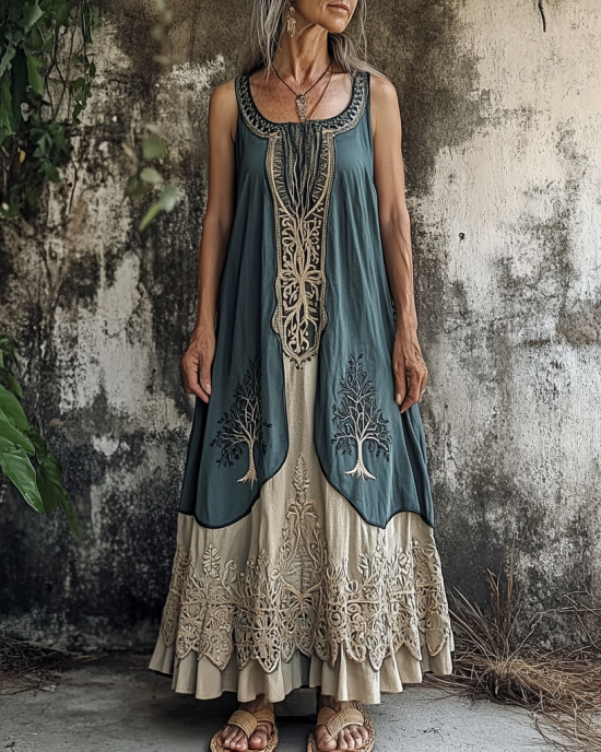 Women's Vintage Tribal Patchwork Linen Blend Midi Dress Women's Vintage Tribal Patchwork Linen Blend Midi Dress
