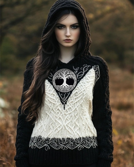 Viking Tree Of Life Contrast Color Cozy Hooded Sweater Viking Tree Of Life Contrast Color Cozy Hooded Sweater