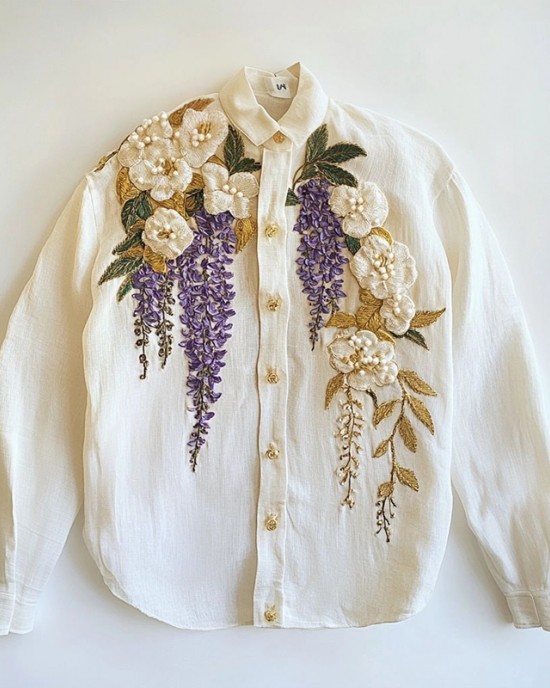 Women's Floral Embroidered Art Linen Blend Shirt Women's Floral Embroidered Art Linen Blend Shirt