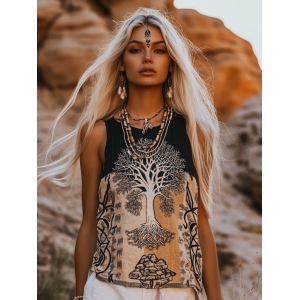 Women's Viking  Tree Of Life Tribal With Celtic Knot Pattern Art Linen Sleeveless Top