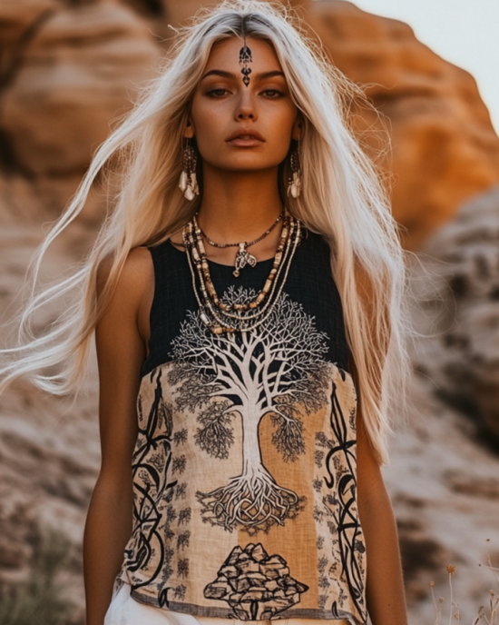 Women's Viking Tree Of Life Tribal With Celtic Knot Pattern Art Linen Sleeveless Top Women's Viking Tree Of Life Tribal With Celtic Knot Pattern Art Linen Sleeveless Top