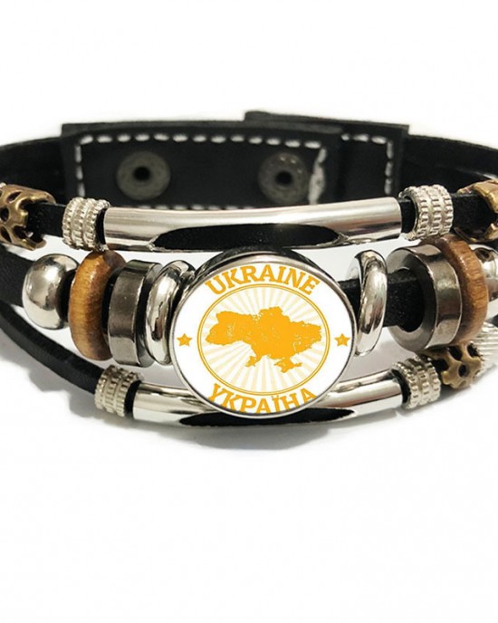 Ukraine Handmade Glass Round Snap Wide Leather Bracelet