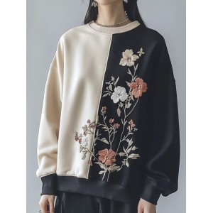 Handmade Floral Embroidery Two Color Women's Loose Sweatshirt