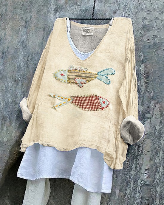 Women's Japanese Style Stitched Fish Art Pattern Vintage Linen Shirt Women's Japanese Style Stitched Fish Art Pattern Vintage Linen Shirt
