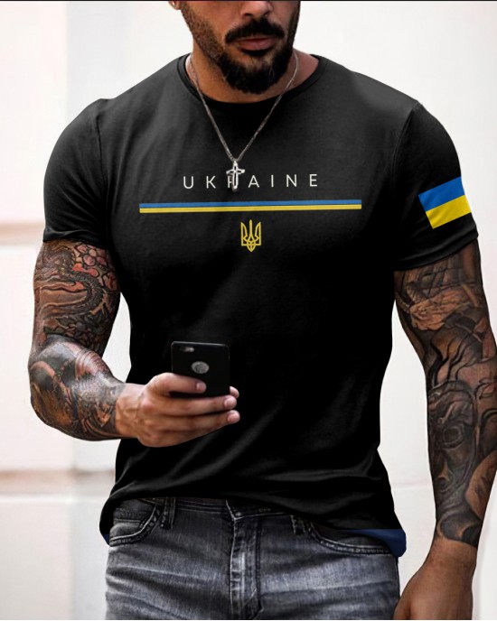 Man's Ukraine Flag Print Crew Neck Short Sleeve T-shirt Man's Ukraine Flag Print Crew Neck Short Sleeve T-shirt