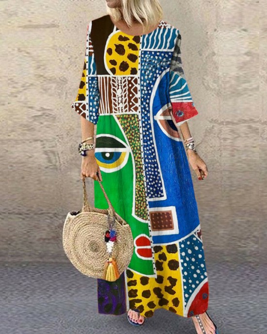 Face Geometric Abstract Art Women's Linen Maxi Dress