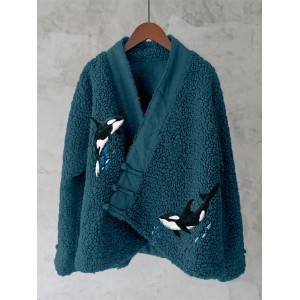 Ocean Whales Embroidery Art Fleece Kimono Cardigan