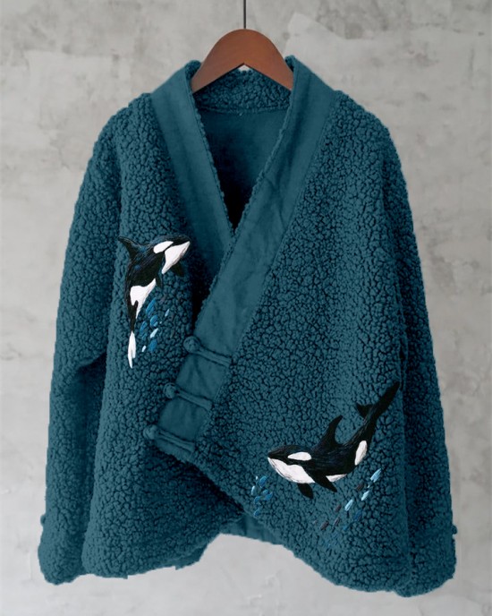 Ocean Whales Embroidery Art Fleece Kimono Cardigan