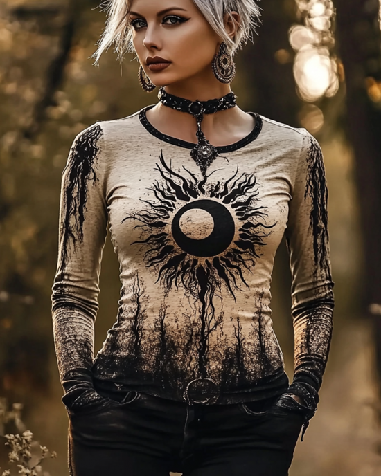 Retro Mystical Moon Print Long Sleeve T-shirt Retro Mystical Moon Print Long Sleeve T-shirt