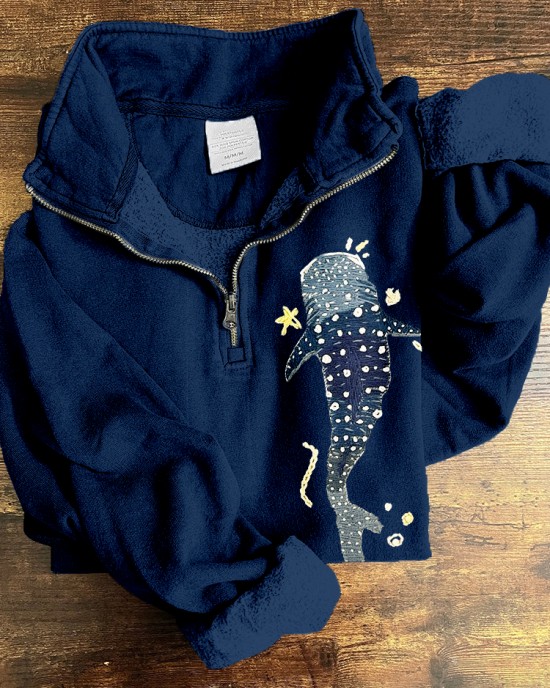 Whale Shark Embroidered Zip Up Comfy Sweatshirt Whale Shark Embroidered Zip Up Comfy Sweatshirt
